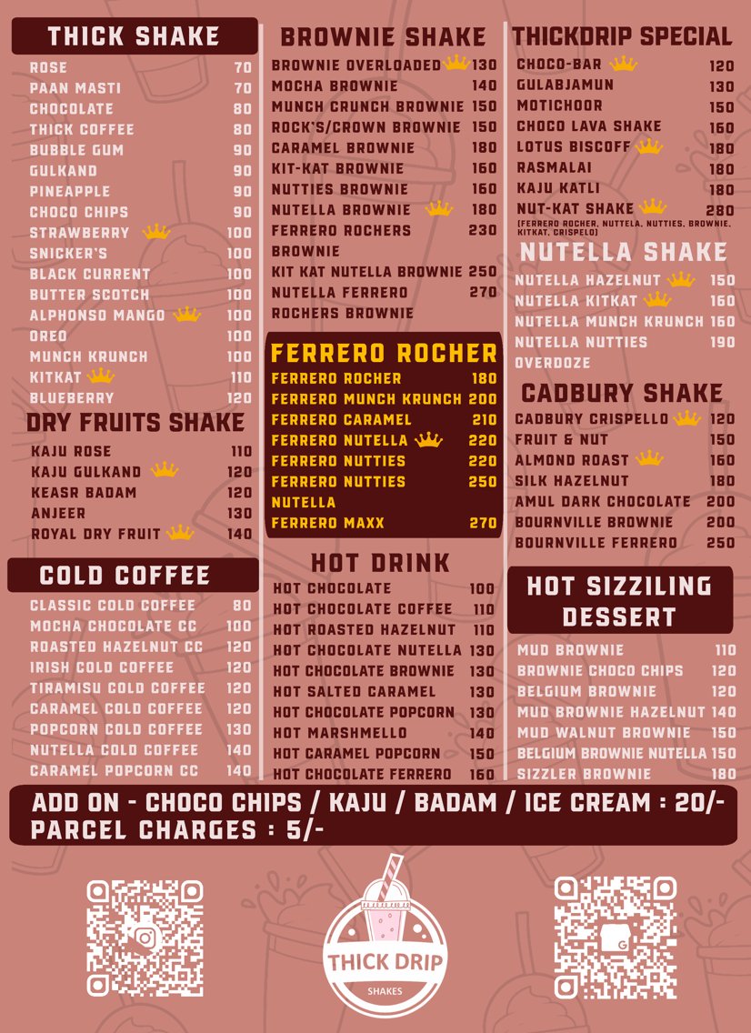 ThickDrip complete printed menu card